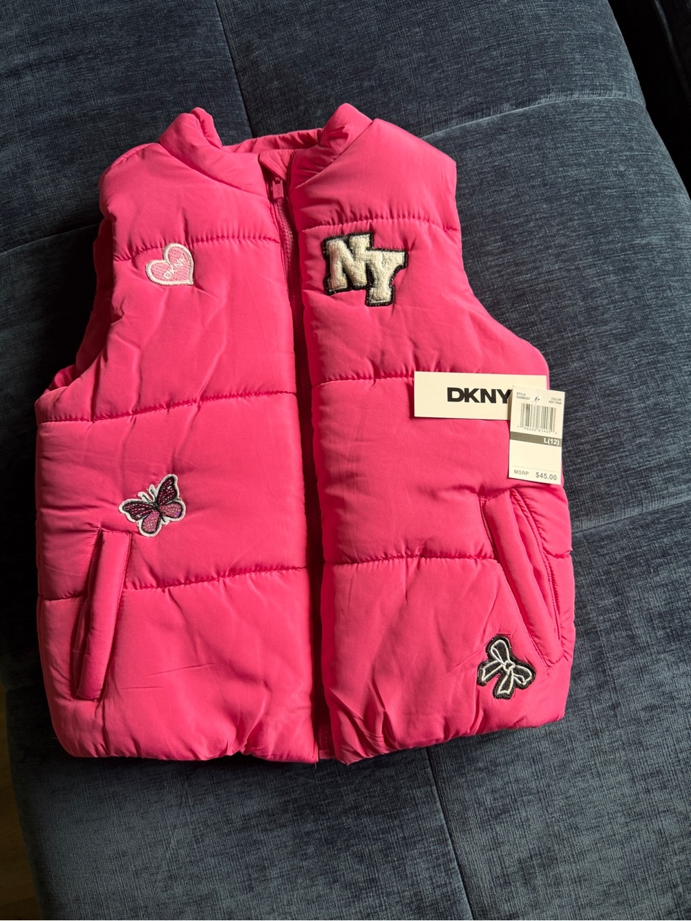 DKNY Bright Pink Girls' Puffer Vest with Patch Detail